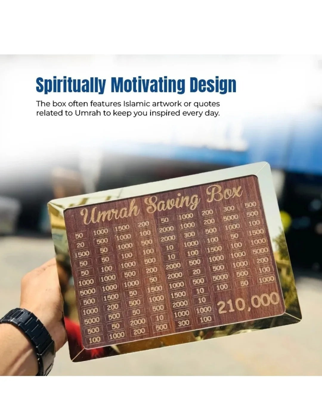 Wooden Umrah Saving Box | Premium Money Box with 210,000 Goal Tracker | Elegant Islamic Design for Charity, Donations & Umrah Fund